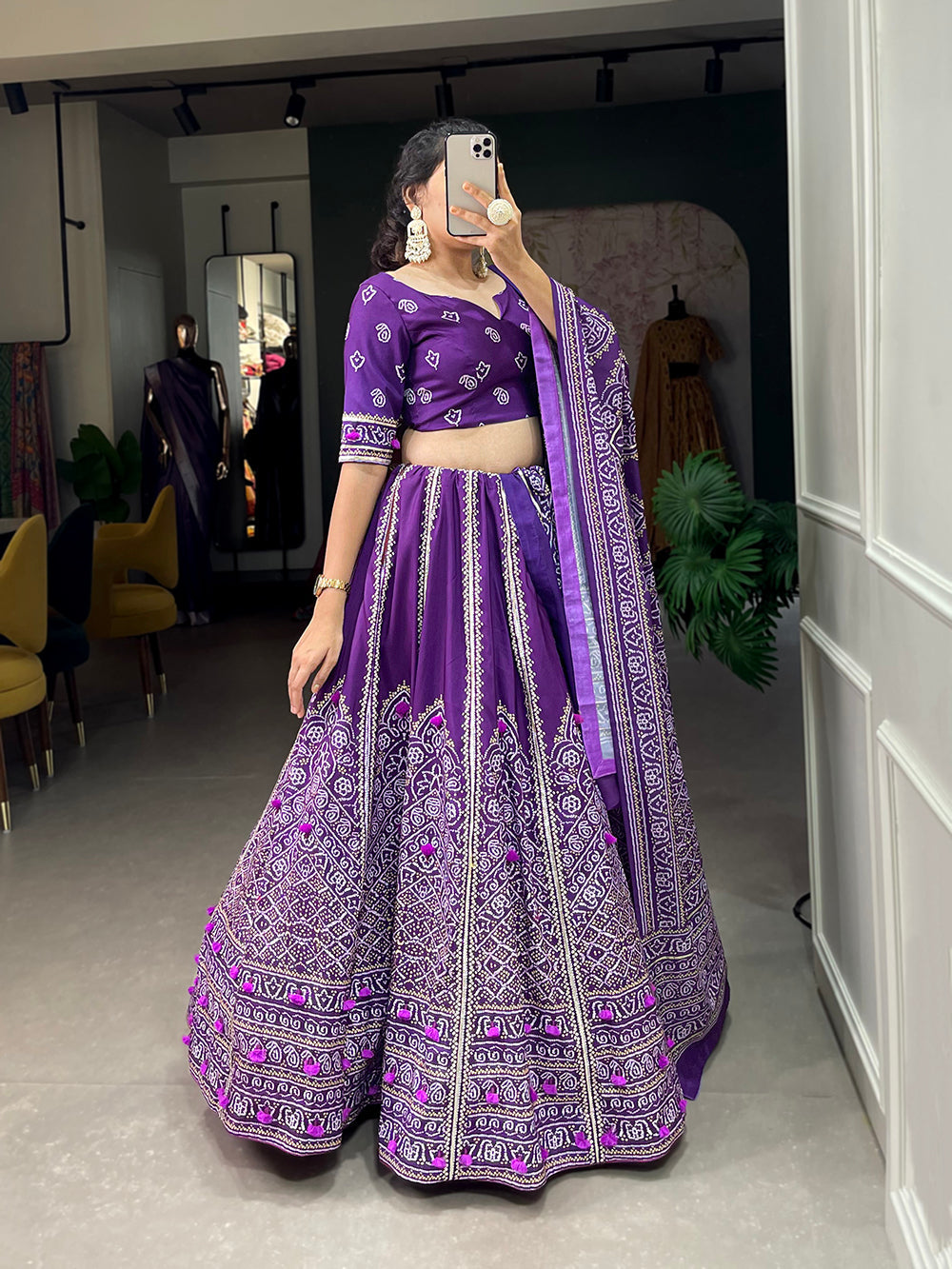 Purple Color Bandhej  Printed With Gota Patti Vaishali Silk Lehenga Choli ClothsVilla.com