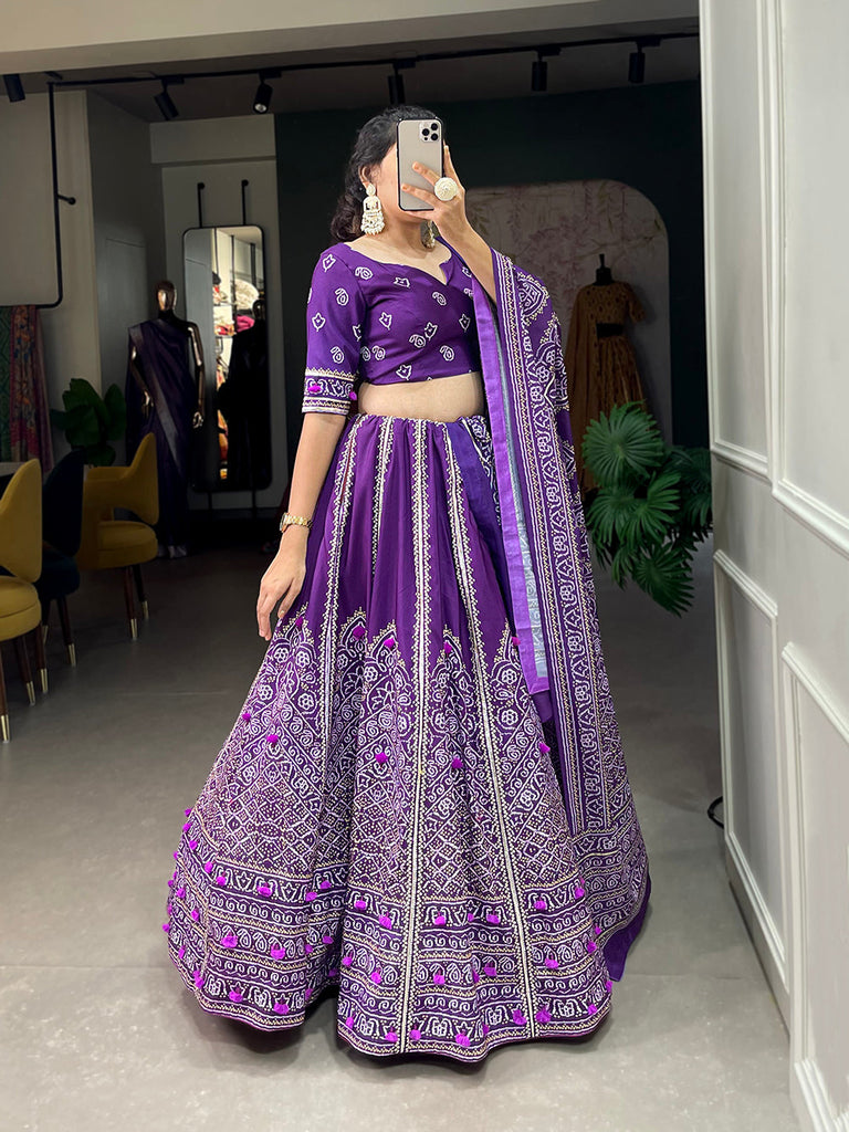 Purple Color Bandhej  Printed With Gota Patti Vaishali Silk Lehenga Choli ClothsVilla.com