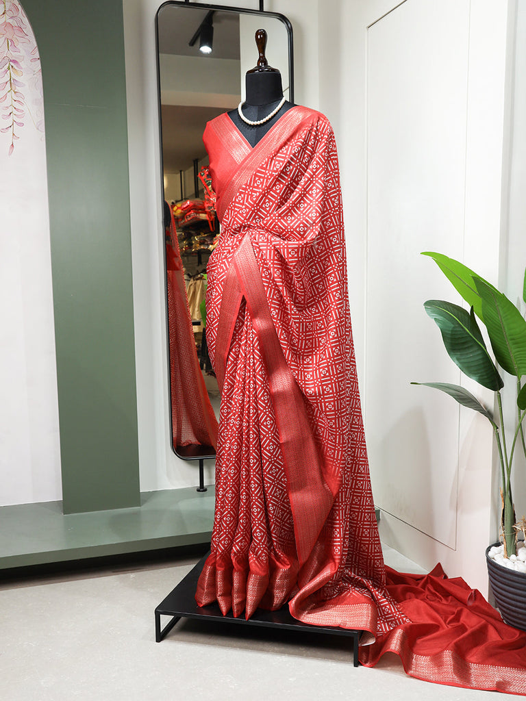 Red Color Printed With Zari Border Dola Silk Saree Clothsvilla