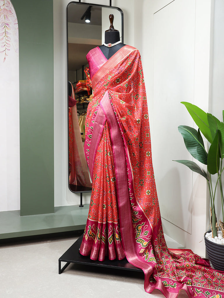 Red Color Digital Patola Printed Dola Silk Saree Clothsvilla