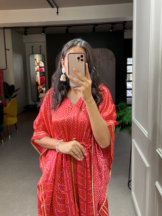 Red Color Digital Bandhej Printed Gaji Silk Kaftan ClothsVilla