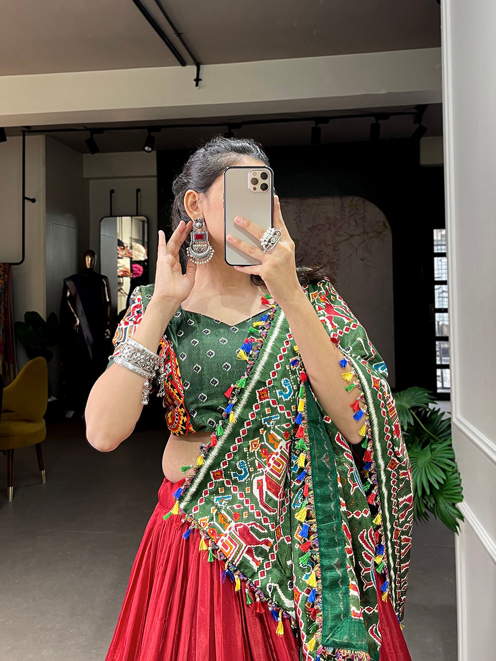 Red Color Patola Print With Gamthi Work And Mirror Work Dola Silk Lehenga  Choli ClothsVilla