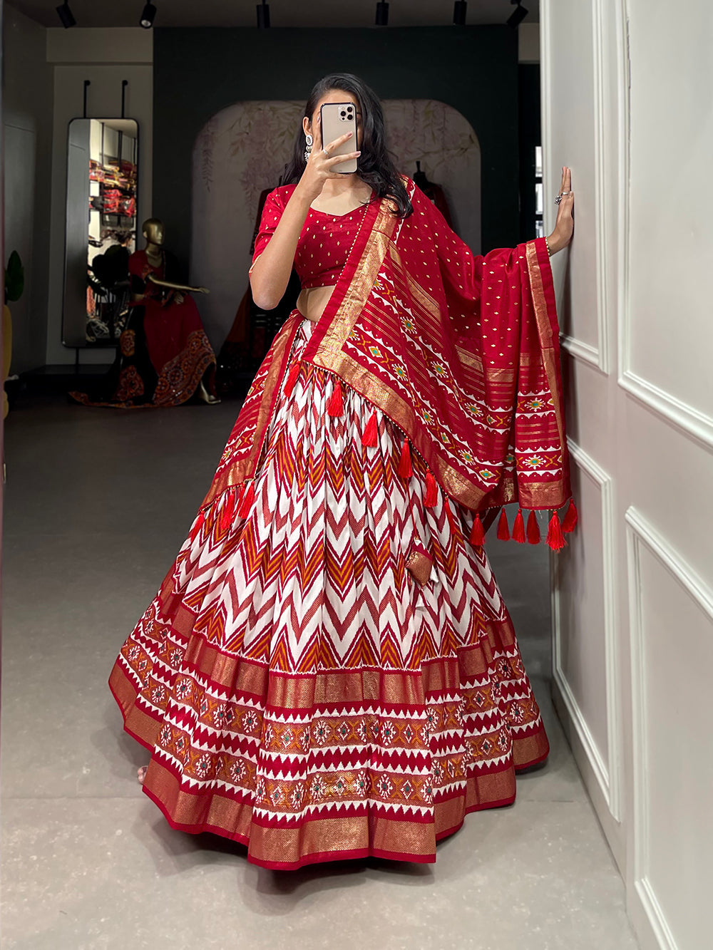 Red Color Leheriya With Foil Work Tussar Silk Lehenga Choli ClothsVilla