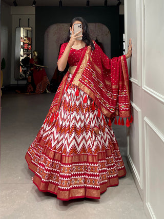 Red Color Leheriya With Foil Work Tussar Silk Lehenga Choli ClothsVilla