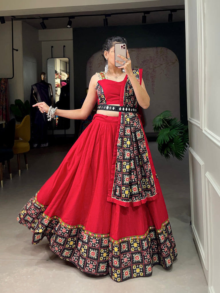 Red Color Patola Print With Paper Mirror Work Ghaghra Choli ClothsVilla