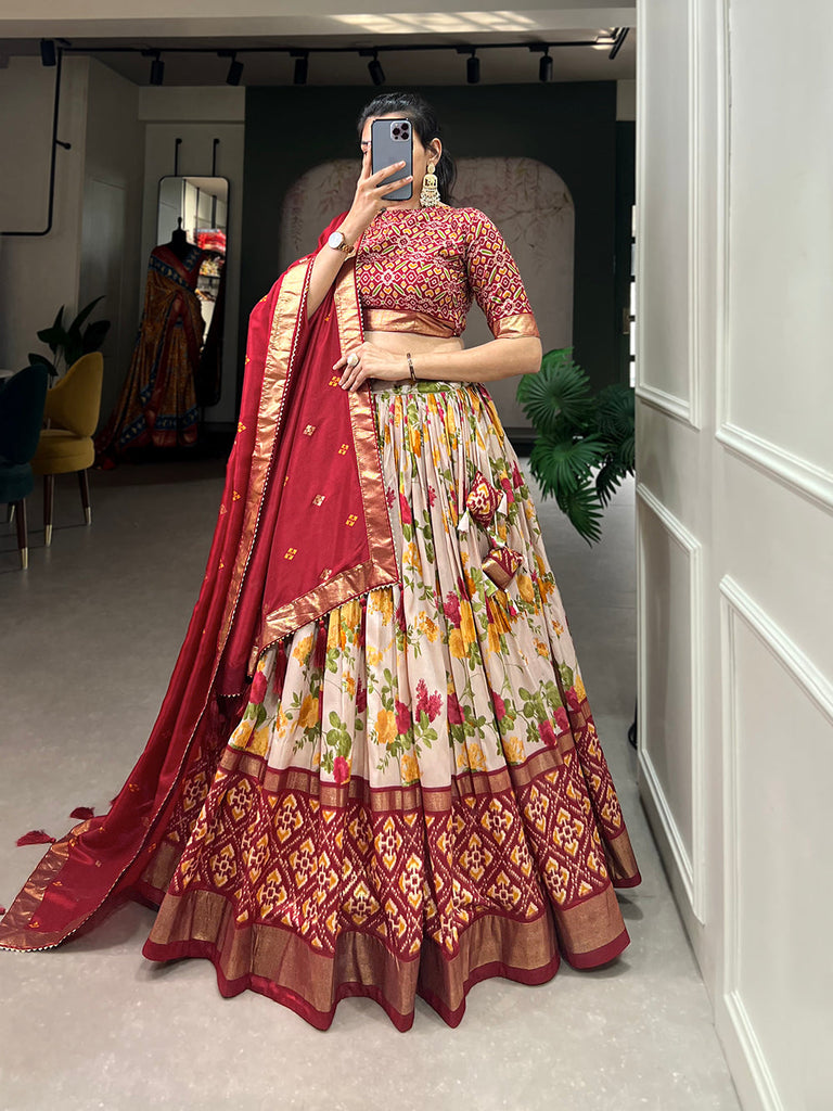 Red Color Floral And Patola Printed With Foil Work Tussar Silk Indian Lehenga Choli Clothsvilla
