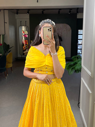 Yellow Color Sequins and Embroidery Thread Work Georgette Co-Ord Set Lehenga Choli ClothsVilla.com