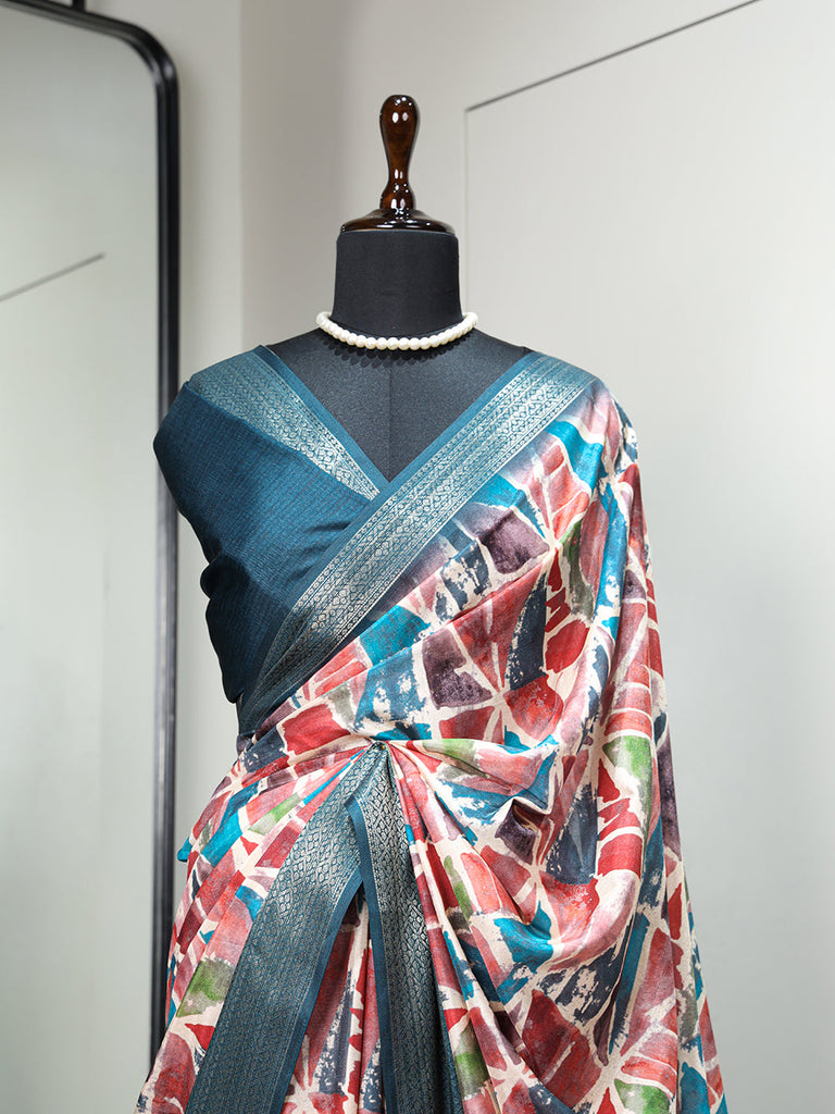 Teal Color Printed With Zari Border Dola Silk Saree Clothsvilla