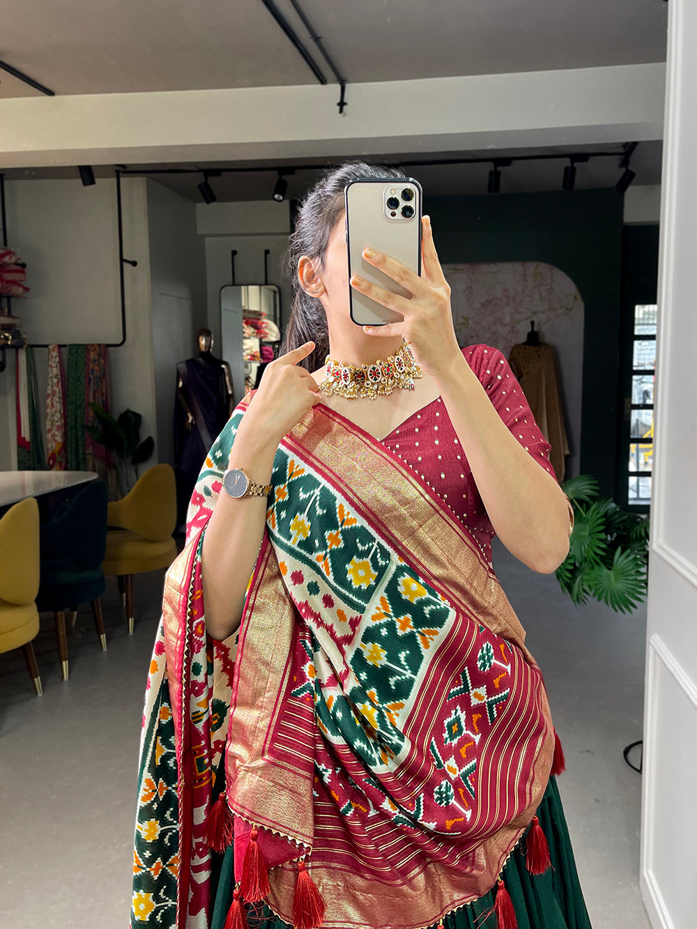Green Color Patola Print With Foil Work Tussar Silk Lehenga Choli ClothsVilla