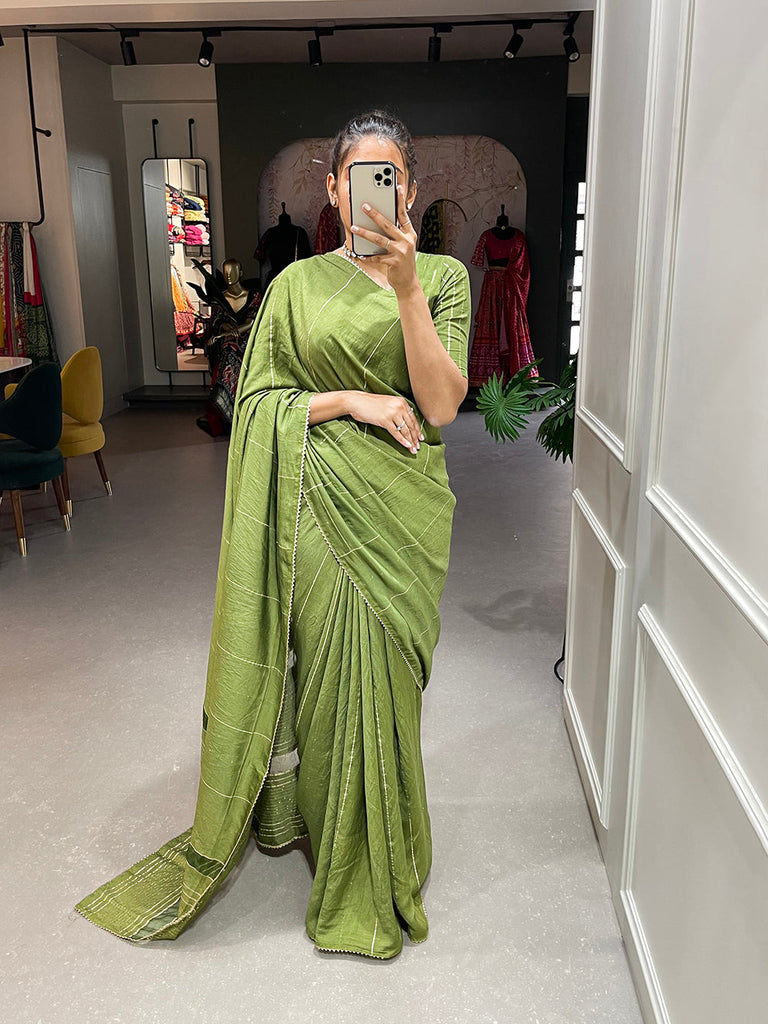Mehendi Color Sequins And Zari Work Viscose Chanderi Saree Clothsvilla