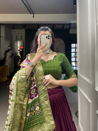 Wine Color Patola Print With Foil Work Tussar Silk Lehenga Choli ClothsVilla.com