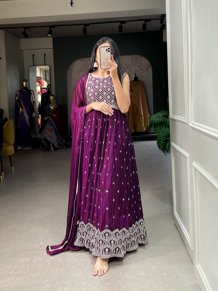Wine Color Sequins And Thread Embroidery Work Crushed Rangoli Silk Dress Clothsvilla