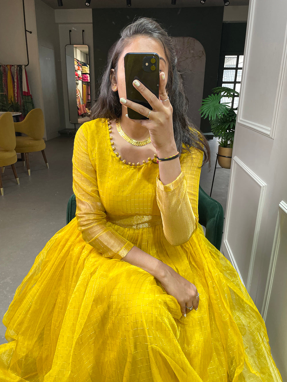 Yellow Color Zari Weaving Work Organza Chex Gown Clothsvilla