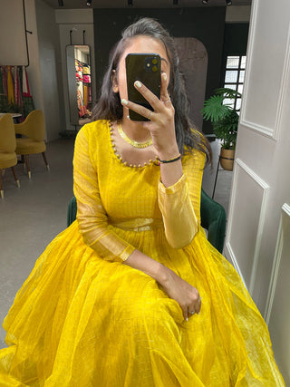 Yellow Color Zari Weaving Work Organza Chex Gown Clothsvilla