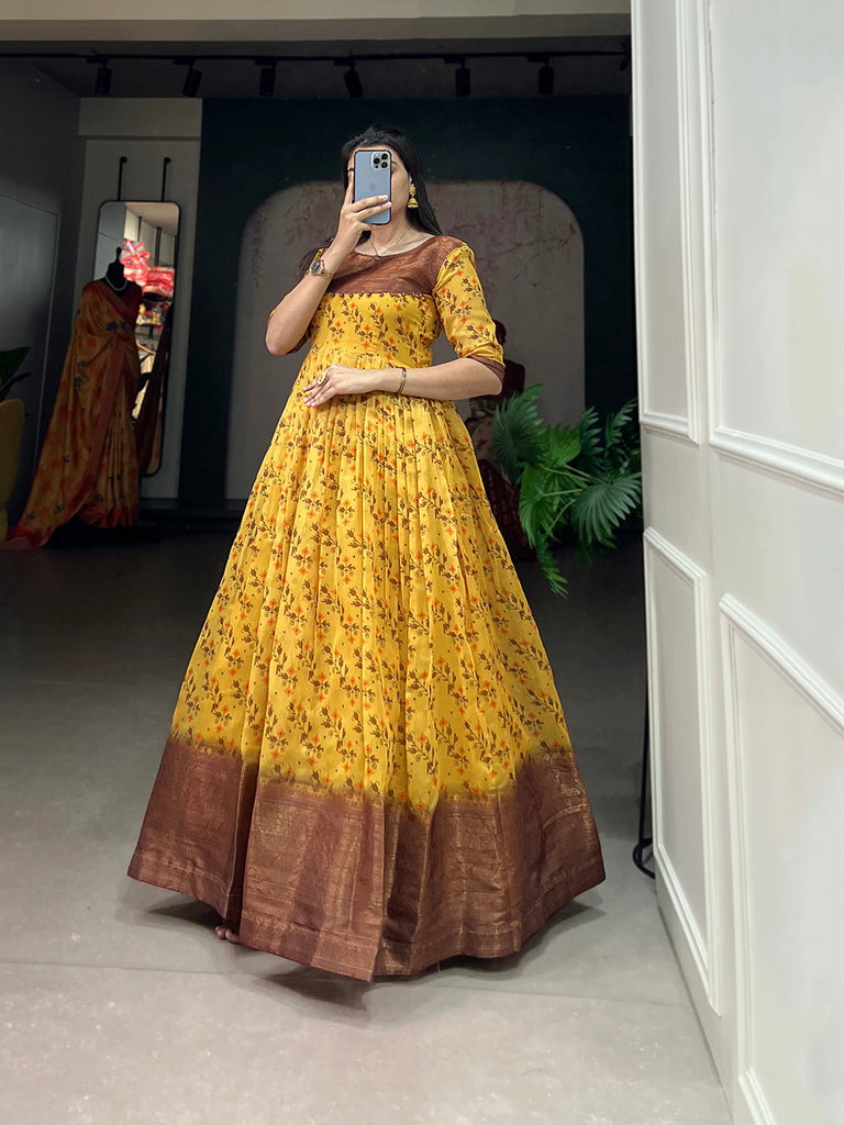 Yellow Color Print With Zari Patta  Soft Cotton Dress Clothsvilla