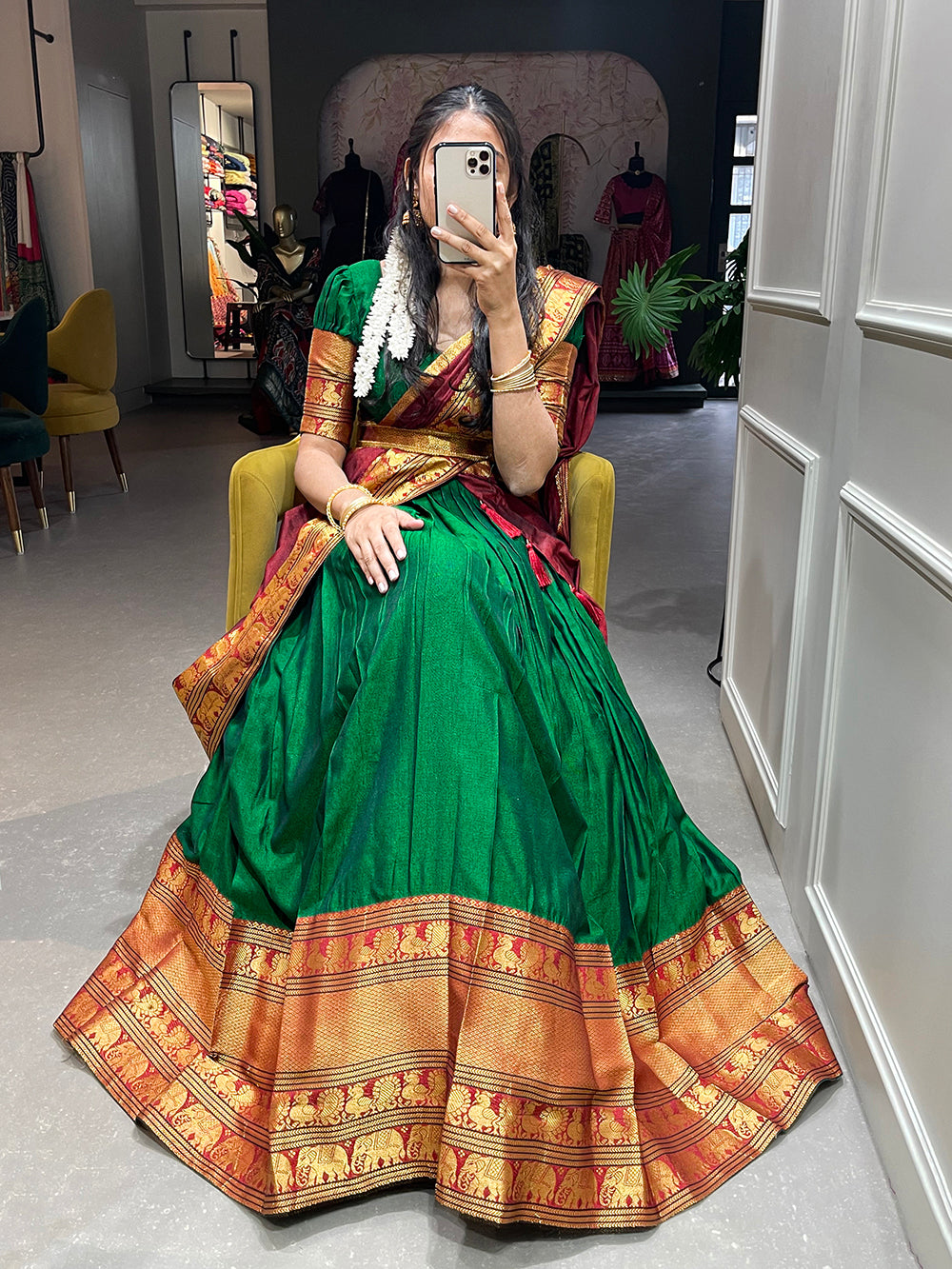 Green Color Zari Weaving Work Narayan Pet Cotton Half Saree Lehenga Clothsvilla