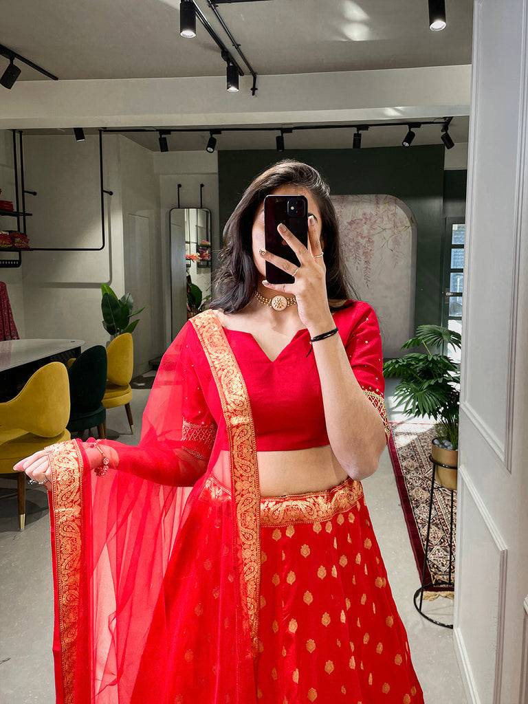 Red Color Weaving Zari Work Jacquard Silk Lehenga Choli With Net Dupatta Clothsvilla