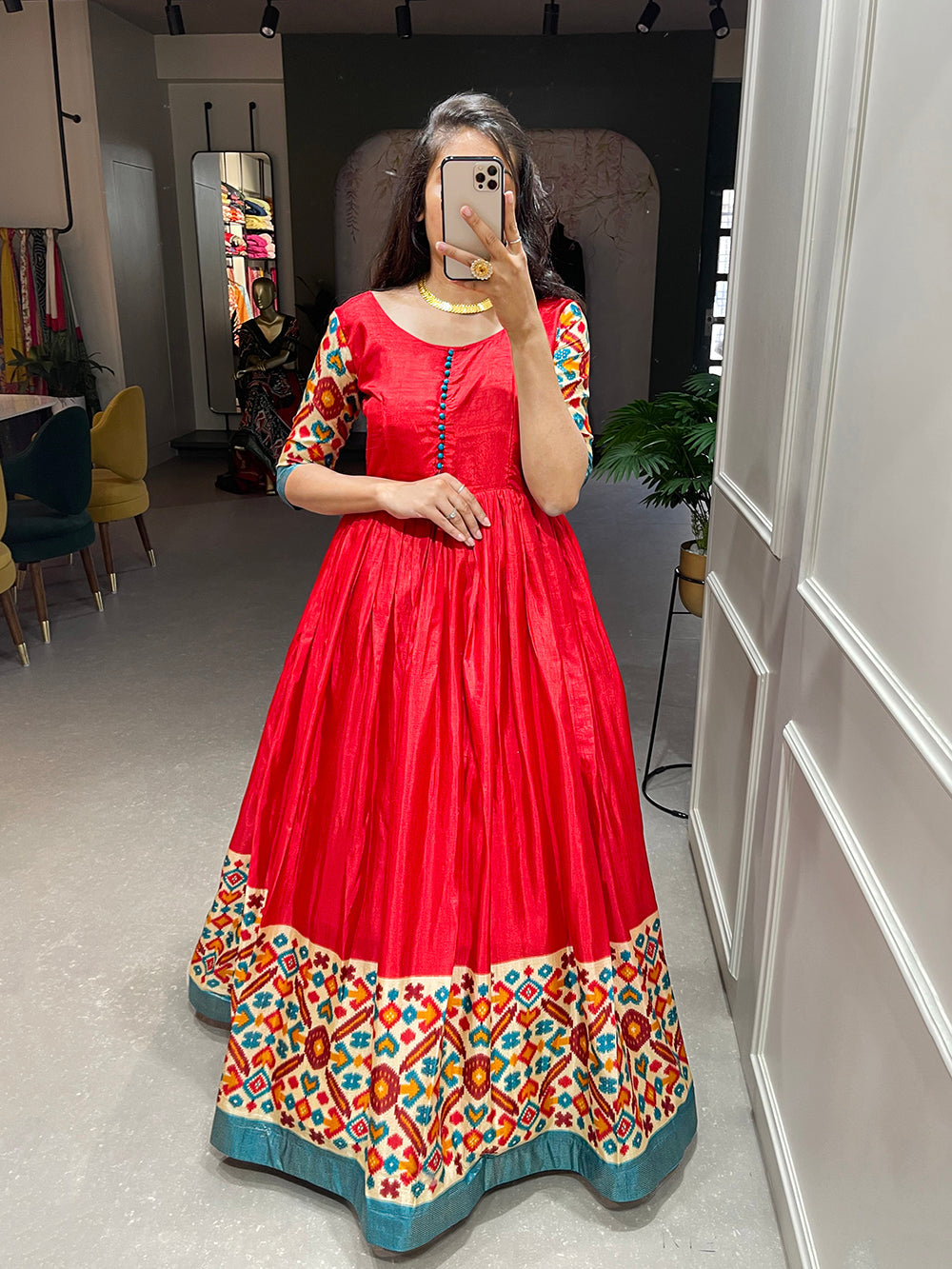 Red Color Foil Printed Dola Silk Gown Clothsvilla