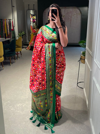 Red Color Patola Paithani Printed with Foil Work Dola Silk Saree Clothsvilla