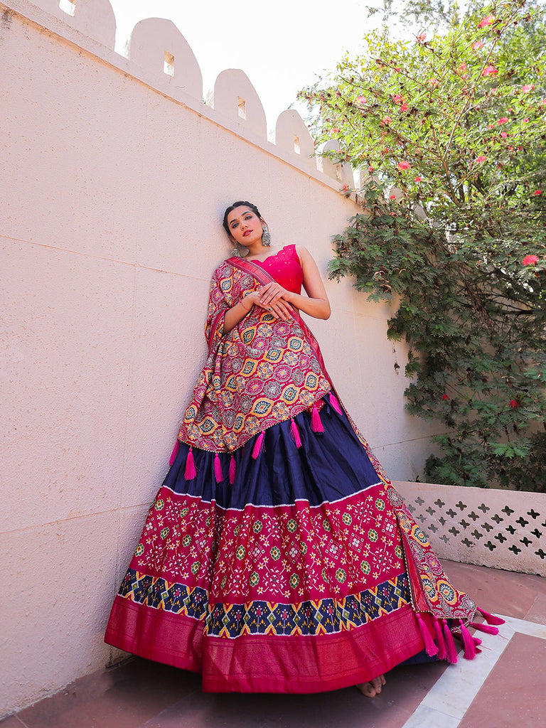 Blue Color Printed With Foil Work Dola Silk Lehenga Choli Clothsvilla