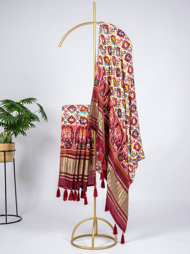 Off White Color Digital Printed Pure Gaji Silk Dupatta With Tassels Clothsvilla