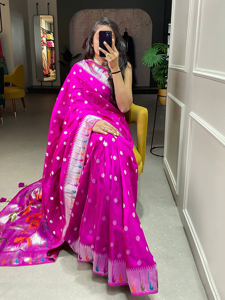 Pink Color Zari Weaving Work Pure Viscose Saree Clothsvilla