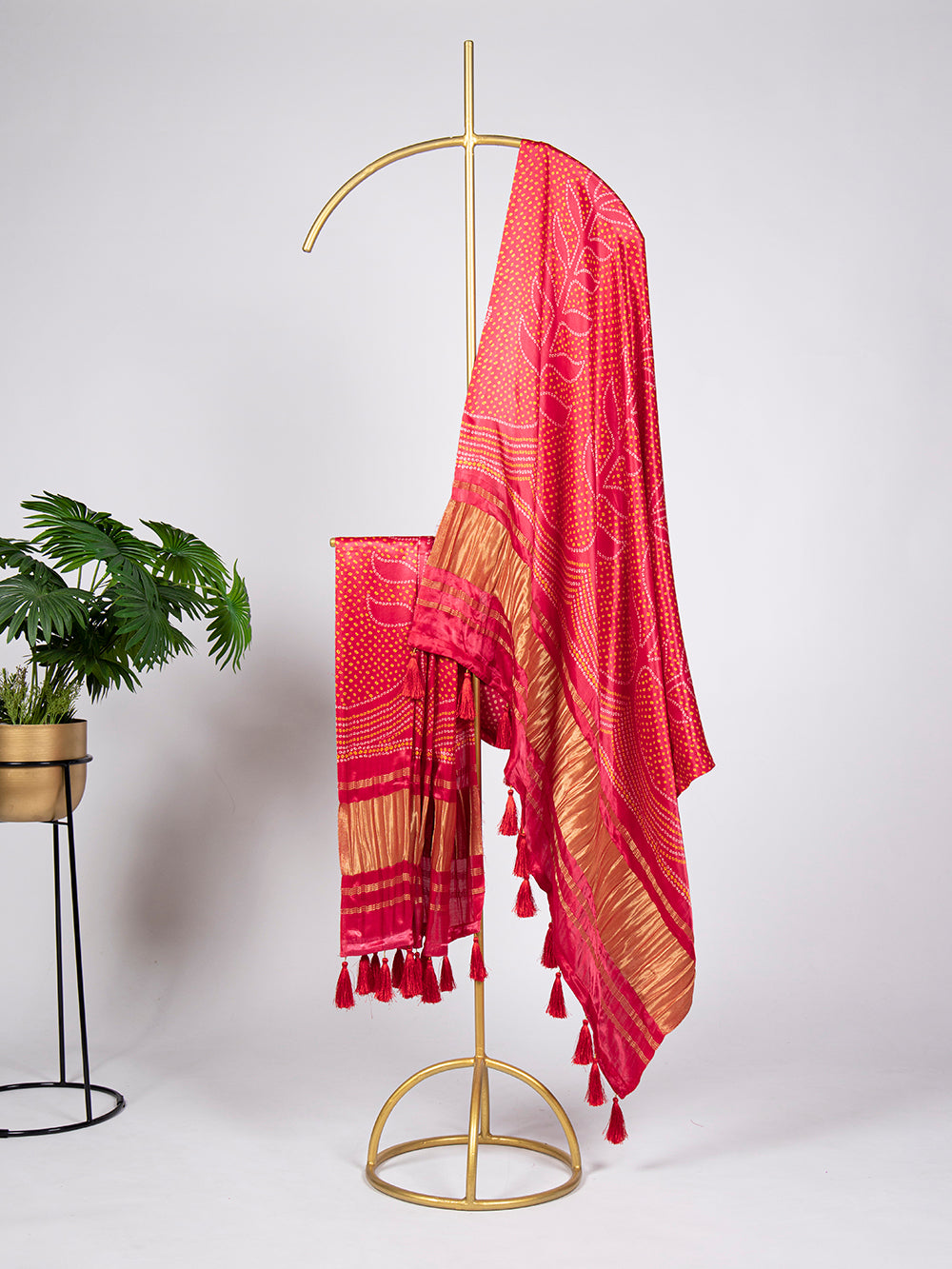 Red Color Bandhej Printed Gaji Silk Dupatta With Tassels ClothsVilla.com Main image
