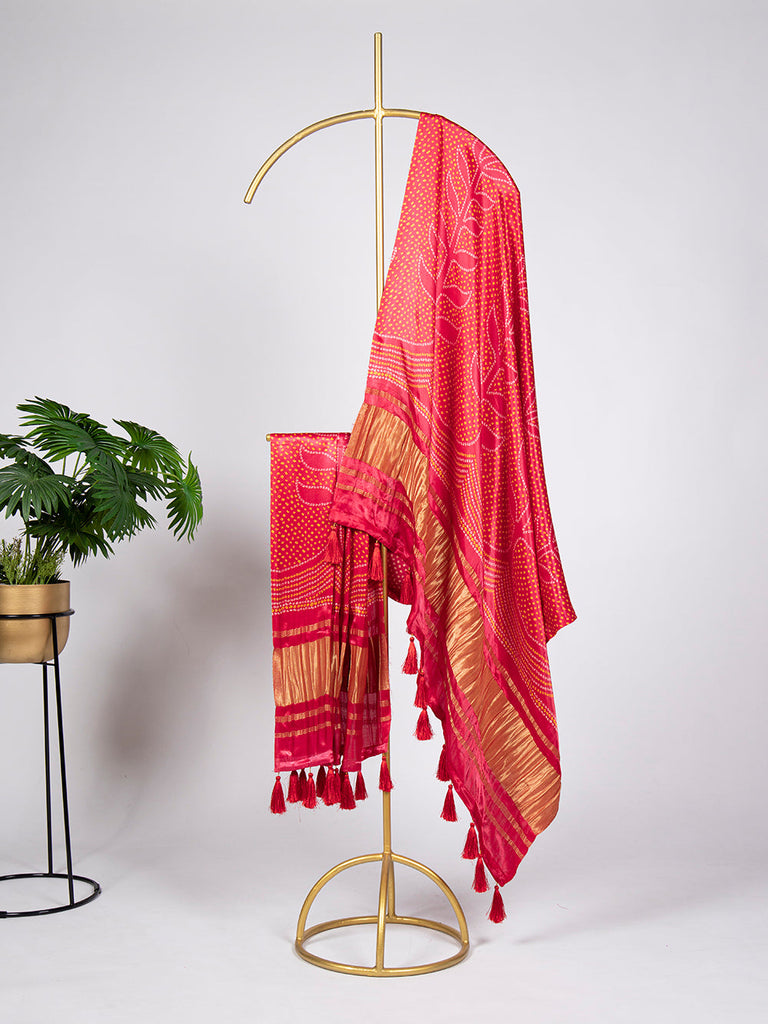 Red Color Bandhej Printed Gaji Silk Dupatta With Tassels ClothsVilla.com