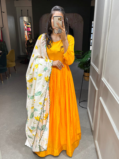 Yellow Color Plain Dola Silk Gown Clothsvilla Main image