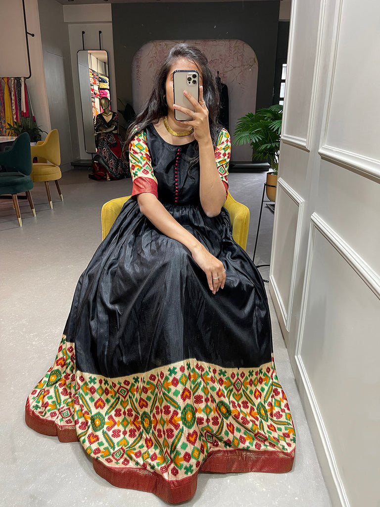 Black Color Foil Printed Dola Silk Gown Clothsvilla