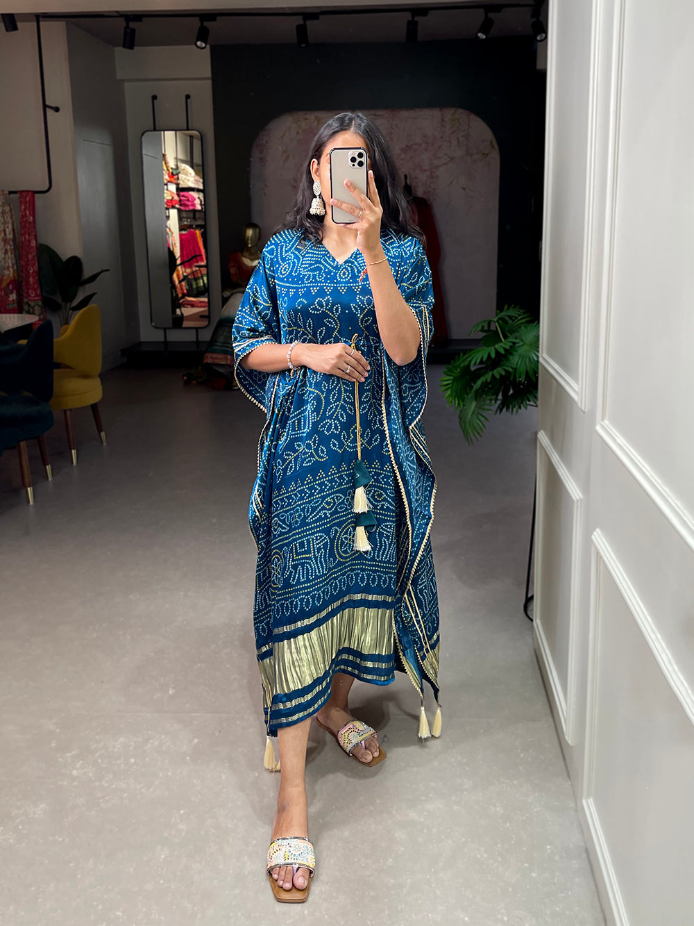 Navy Blue Color Bandhej Print With Gotta Patti Lace Border Gaji Silk Kaftan ClothsVilla.com
