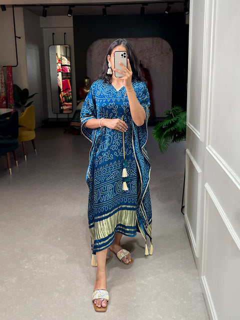 Navy Blue Color Bandhej Print With Gotta Patti Lace Border Gaji Silk Kaftan ClothsVilla.com Main image