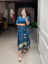 Load image into Gallery viewer, Navy Blue Color Bandhej Print With Gotta Patti Lace Border Gaji Silk Kaftan ClothsVilla.com