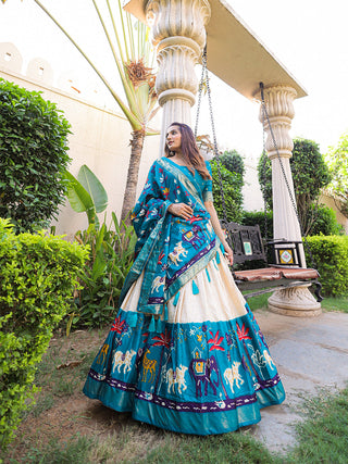 Firozi Color Printed With Foil Work Dola Silk Lehenga Choli ClothsVilla.com