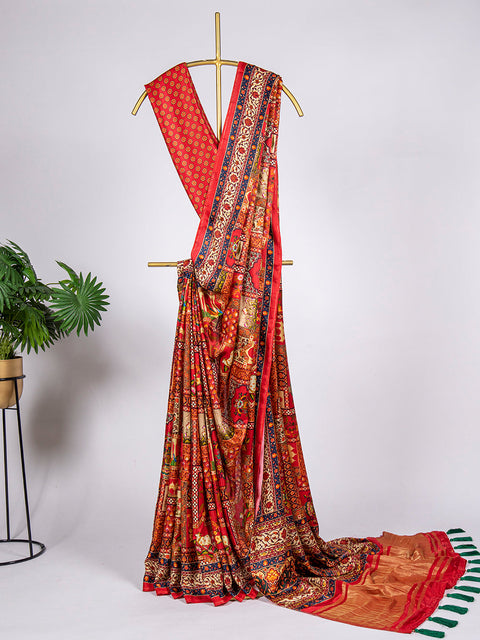 Red Color Digital Printed Pure Gaji Silk Saree Clothsvilla Main image