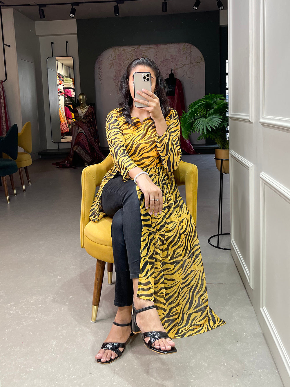 Yellow Color Animal Print Chiffon Kurti Clothsvilla