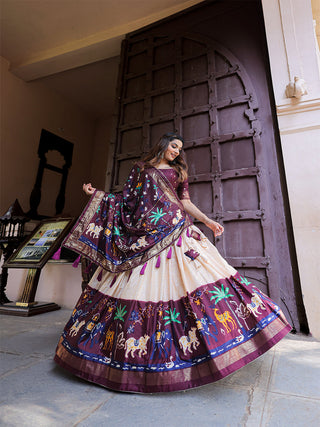 Wine Color Printed With Foil Work Dola Silk Lehenga Choli ClothsVilla.com