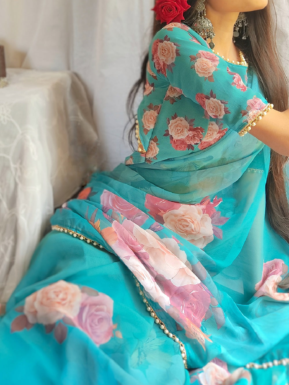 Green Color Printed With Pearl Lace Border Georgette Saree Clothsvilla
