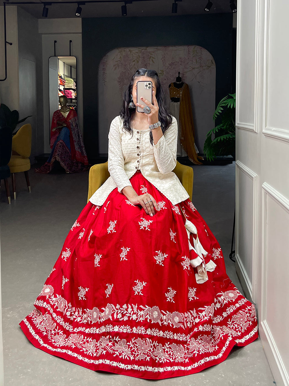 Red Color Sequins And Lucknowi Work Cotton Co-Ord Set Lehenga Choli ClothsVilla.com