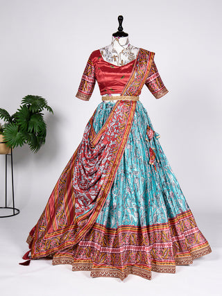 Sky Blue Color Ikkat Patola Print and Sequins Embroidery Chinon Lehenga Choli ClothsVilla