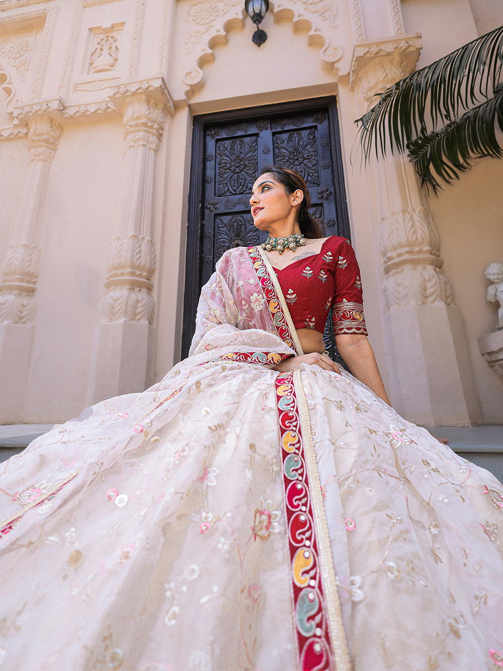 Off White Color Thread Embroidery Work With Lace Border Organza Lehenga Choli ClothsVilla.com