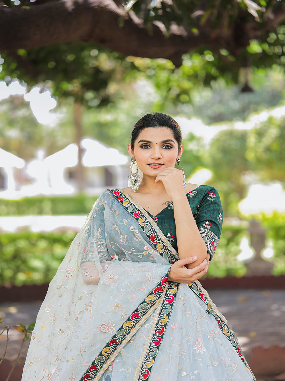 Sky Blue Color Thread Embroidery Work With Lace Border Organza Lehenga Choli ClothsVilla.com