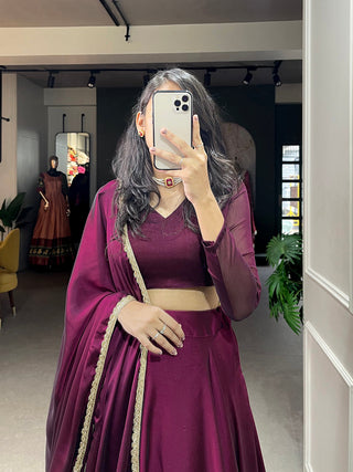 Wine Color Plain With Lace Border Rangoli Silk Lehenga Choli Set ClothsVilla.com