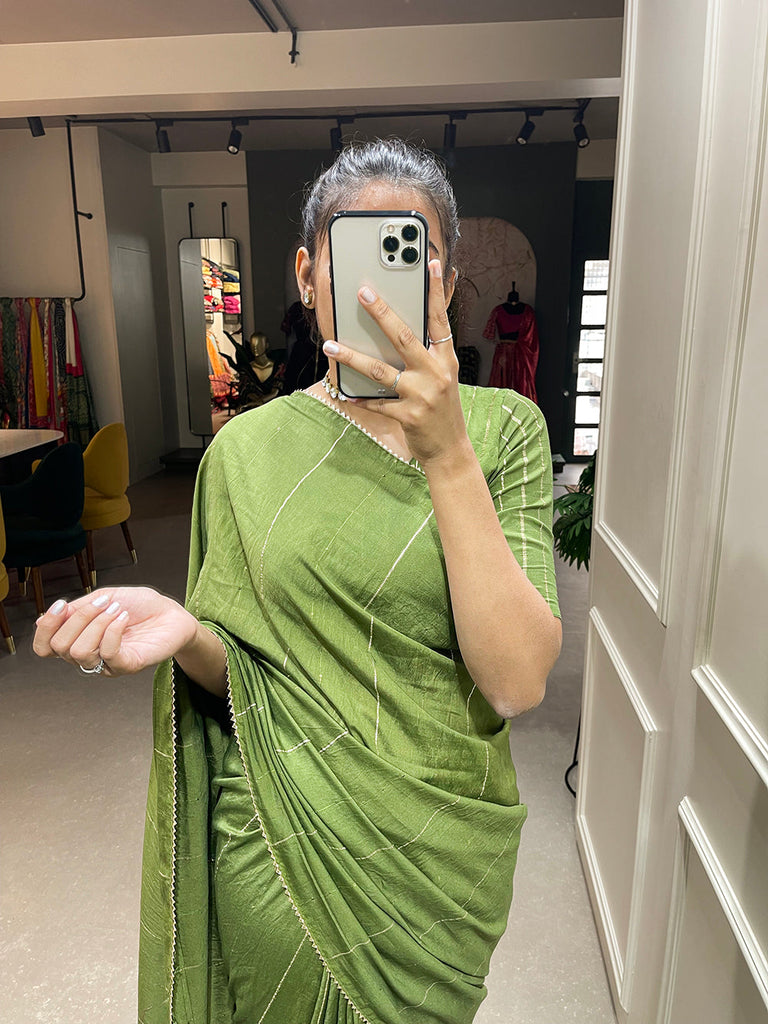 Mehendi Color Sequins And Zari Work Viscose Chanderi Saree Clothsvilla