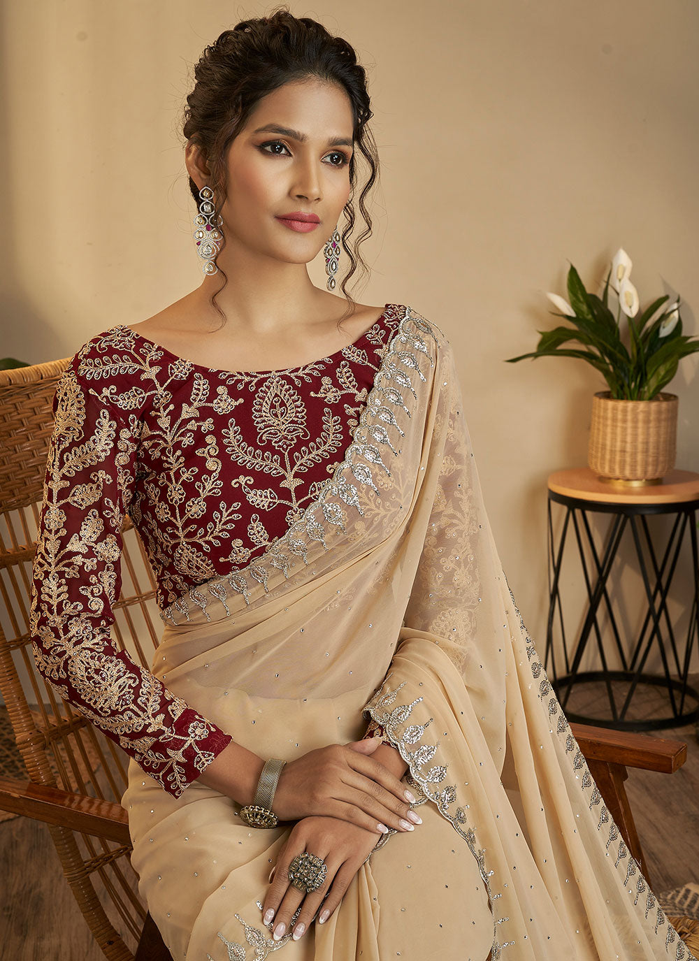 Beige Georgette Designer Saree Clothsvilla