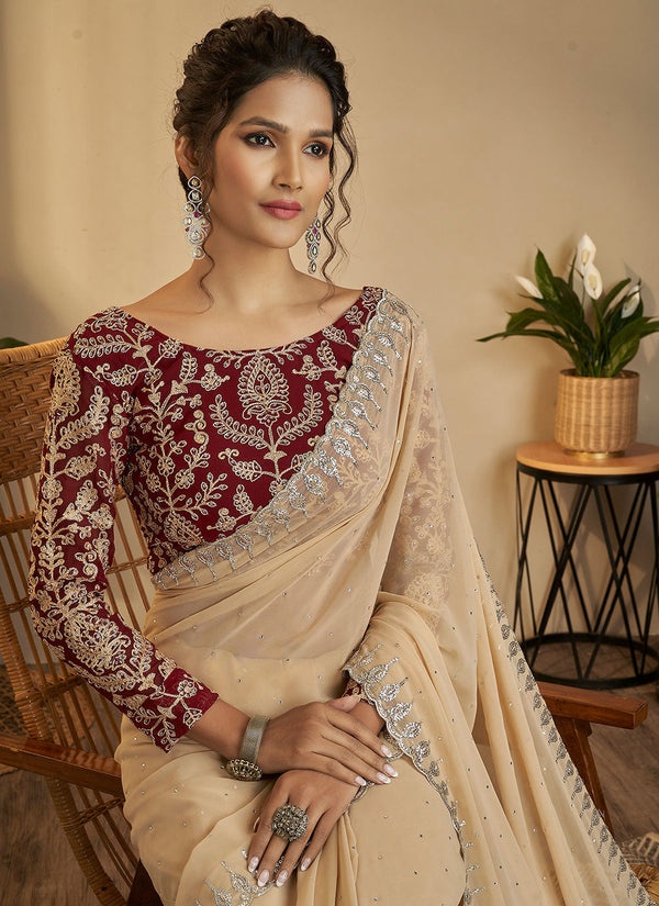 Beige Georgette Designer Saree Clothsvilla