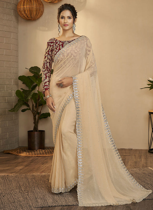 Beige Georgette Designer Saree Clothsvilla