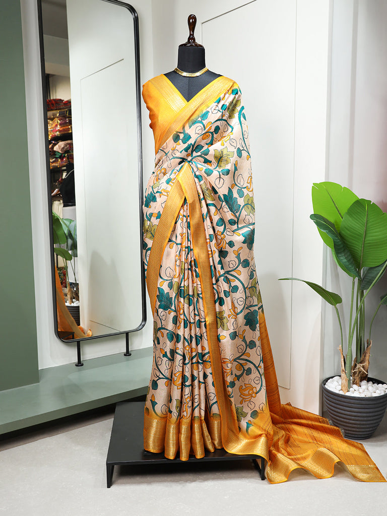 Yellow Color Printed With Zari Border Dola Silk Saree Clothsvilla