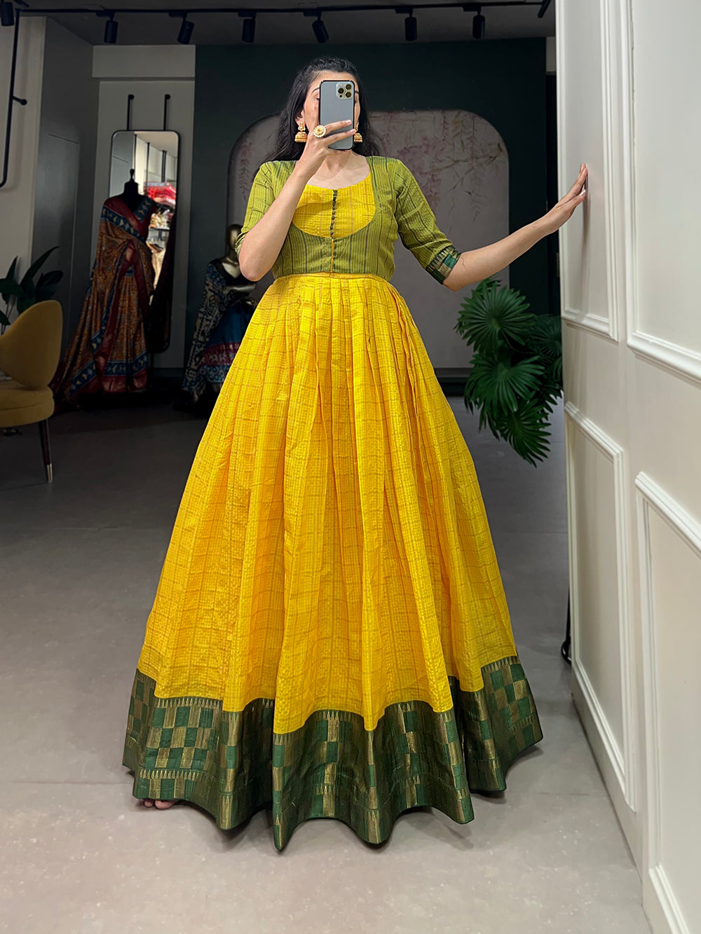 Yellow Color Zari Weaving Work Zari Chex Maharashtra Dress Clothsvilla