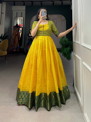 Yellow Color Zari Weaving Work Zari Chex Maharashtra Dress Clothsvilla